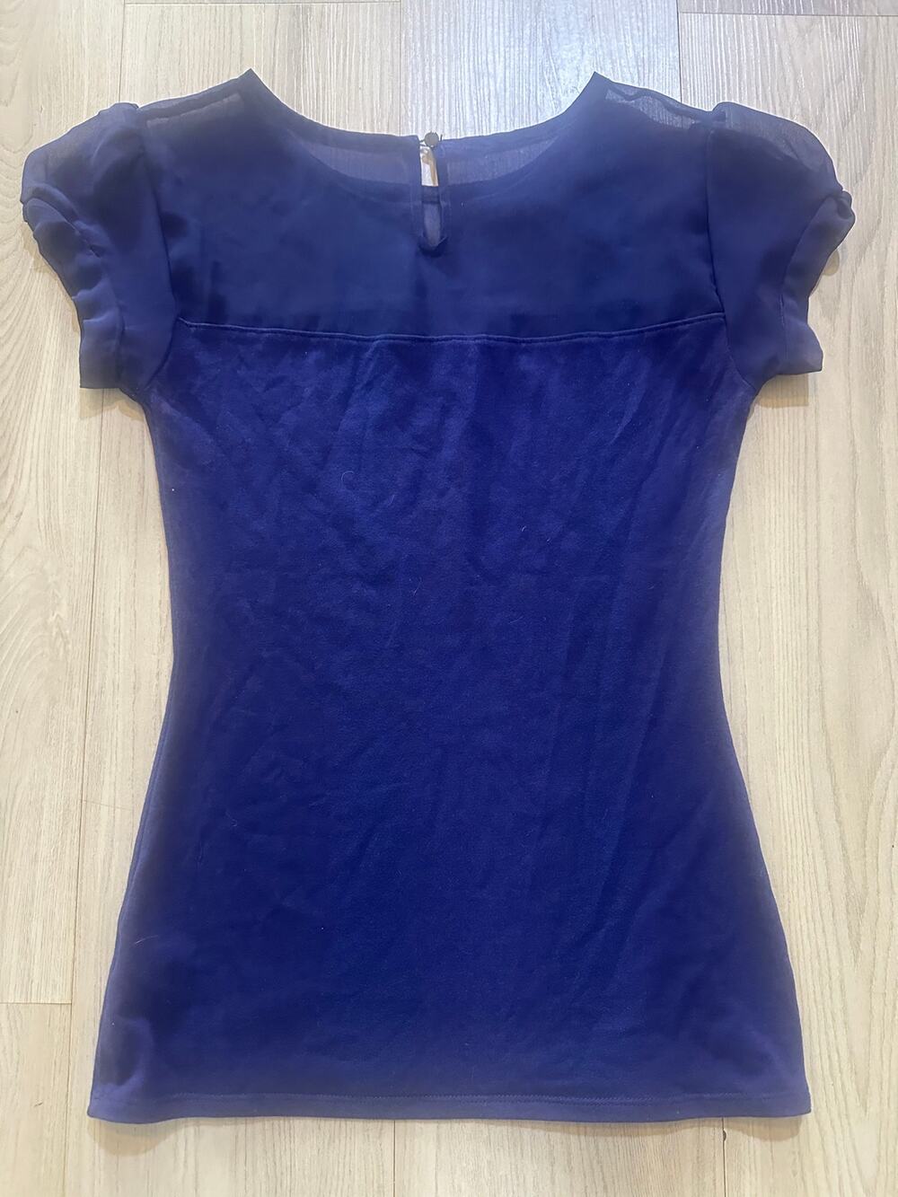 Express Navy Blue Sheer Mesh Yoke Puff Sleeve Knit Top Rhinestone Jewel Neck S